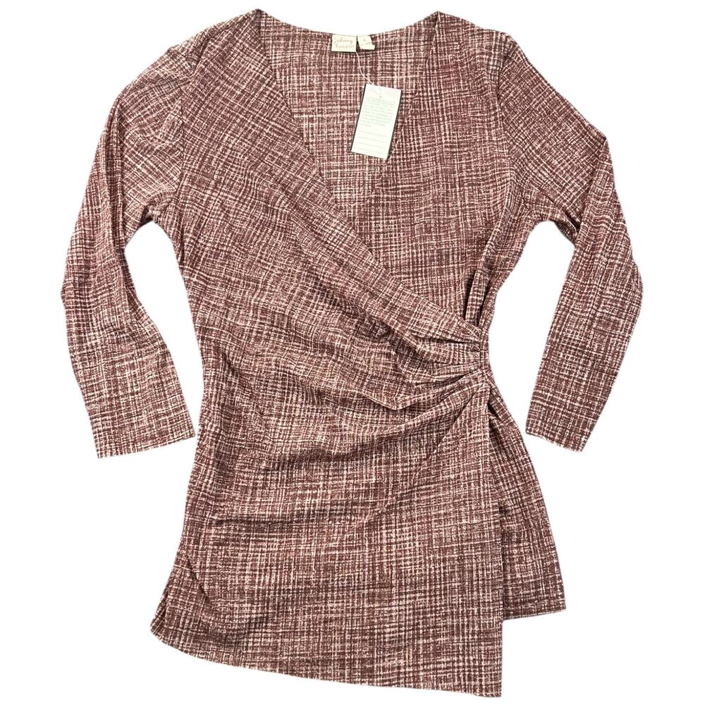 NWT Y2K Johnny Heaven Brown Abstract Wrap Ruched Top Mesh - Women’s L